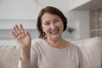 Positive mature older woman smiling at camera, waving hand hello, speaking on video conference call, enjoying online Internet communication, virtual chat. Senior blogger head shot portrait