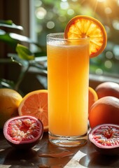 Fototapeta premium A fresh glass of orange colored juice or kombucha with passionfruit on the side. 