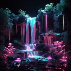 Waterfall in Rocky Cave with Neon Plants
