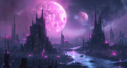 a futuristic city skyline with a moon in the background