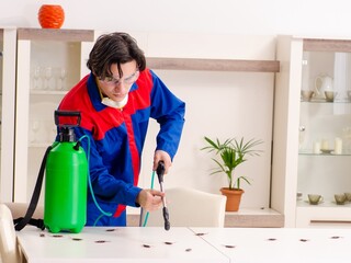 Young contractor doing pest control at home