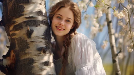 Tuinposter Beautiful model looking young woman in a birch tree grove on a beautiful sunny spring day. AI Generated © Serhii