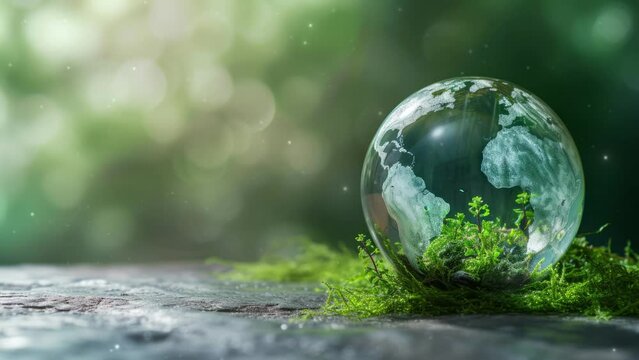 Crystal globe with sustainable development and ESG icon for environment social, governance, and business cooperation for World sustainable environment social governance concept. Earth day