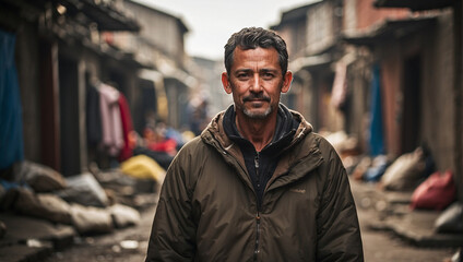 Fototapeta premium a man with a background in a slum environment