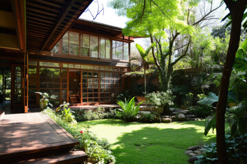a modern villa with big tropical garden