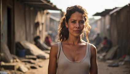 a woman with a background in a slum environment