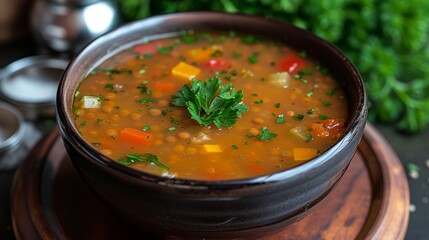 A beautifully prepared vegan lentil stew. 