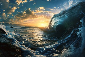 Ocean wave at sunset