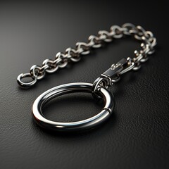 Obraz premium A chrome keychain mock up with chain links and dark background.