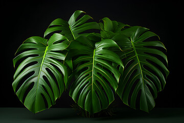 Tropical plant backdrop. Close up monstera leaves on black background,  generative ai