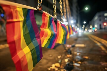 Rainbow flags hang on a chain in the street at night