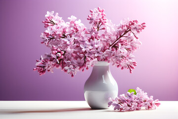 Lilac  flowers in vase  on  lily background, 3d illustration, generated ai