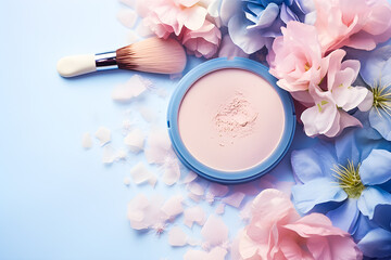 Obraz na płótnie Canvas Makeup products and make-up brush with pink flowers on blue background, generative ai