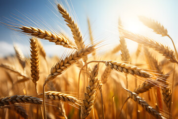 Close-up of mature ears of wheat in a field on a warm sunny day, generative ai