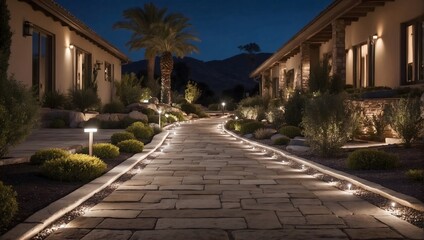 Fototapeta na wymiar Contemporary Elegance: Illuminated Pathway Enhances Modern Landscaping Design at Residential House