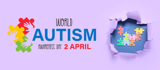Puzzle pieces and text WORLD AUTISM AWARENESS DAY - 2 APRIL on lilac background