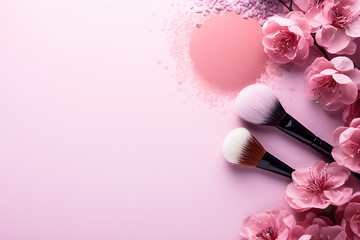 Obraz na płótnie Canvas Makeup products and make-up brush with pink flowers on pink background, generative ai