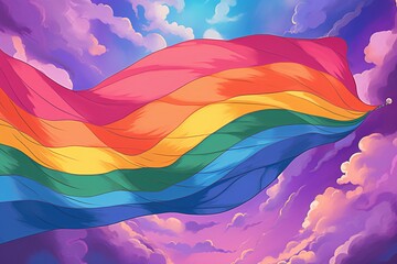 Illustration of a rainbow flag waving in the wind on a cloudy sky background