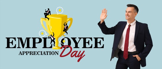 Festive banner for Employee Appreciation Day with young businessman