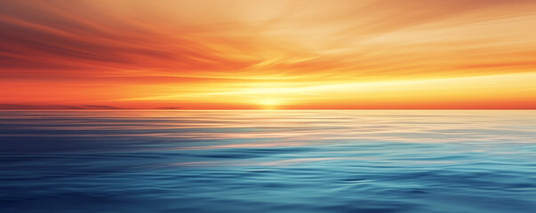 Naklejka na ściany i meble Background image of a light to dark gradient of a view of a beach, sea, light orange sky, and setting sun. 