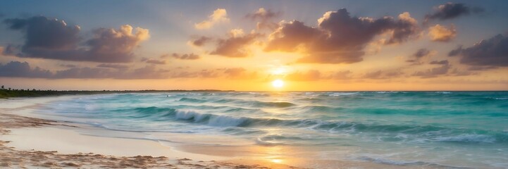 Naklejka na ściany i meble Golden Horizon: Captivating Sunset Over a Pristine White Sand Beach