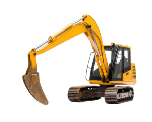 Yellow Big Excavator isolated on white background. Excavator on png transparent background.