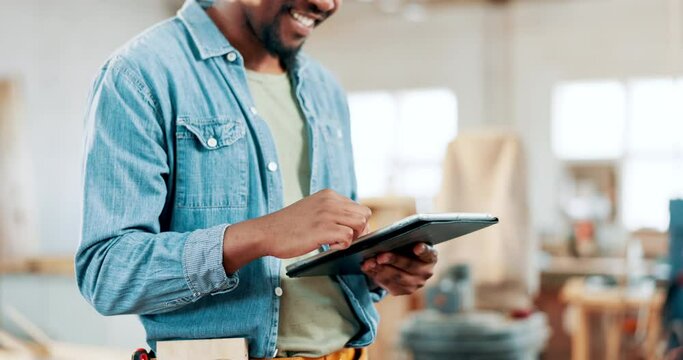 Carpentry, tablet and hands of a man in a workshop for online order, ecommerce and planning. Project with male carpenter with digital app for manufacturing research in furniture or woodwork factory