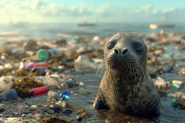 Dirty seal stands among garbage and plastic trash. Environmental pollution, toxic emissions into water, oil pollution