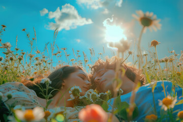 a couple lying on flower meadow