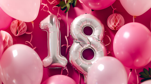 white number eighteen and pink and white balloons on a pink background with free space and place for text