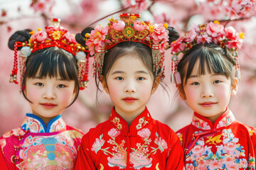 portrait of Chinese kids in red traditional costume, cherry blossom background