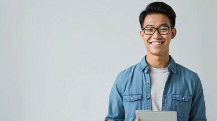 Image of young asian man, company worker in glasses, smiling and holding digital tablet, standing over white background - obrazy, fototapety, plakaty
