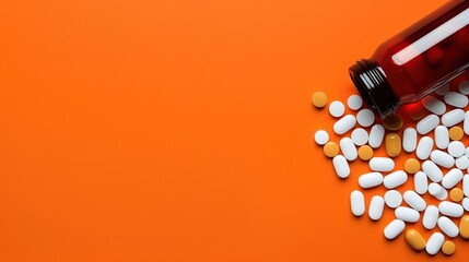 Medicine bottle and scattered pills on orange color background. Top view with copy space.