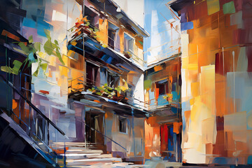 Abstract architectural composition. Oil painting in impressionism style. - obrazy, fototapety, plakaty