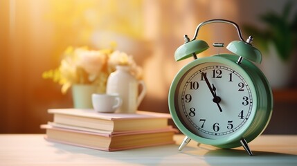Alarm clock with books on table. Back to school background