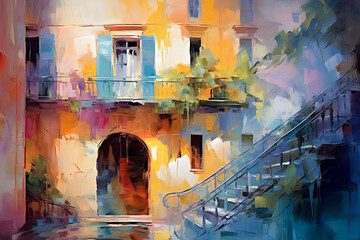 Abstract architectural composition. Oil painting in impressionism style.