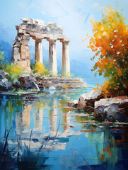 Landscape with the ruins of an ancient temple. Oil painting in impressionism style.