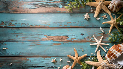sea background, seashells on blue wooden boards with space for text
