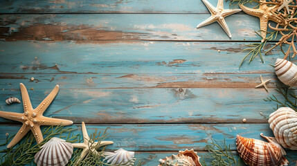 sea background, seashells on blue wooden boards with space for text