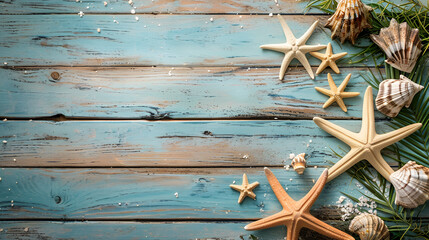 Fototapeta premium sea background, seashells on blue wooden boards with space for text