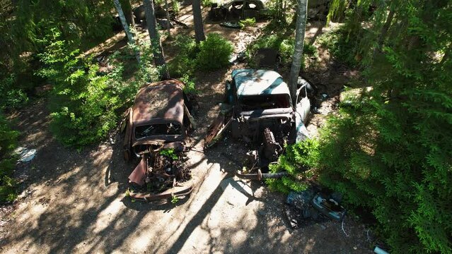 Flying Over Antique Rusty Cars Hidden in Swedish Woods