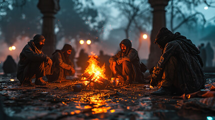 Homeless people sit around a fire on a cold morning at Cashmere Gate, New Delhi, India. - obrazy, fototapety, plakaty