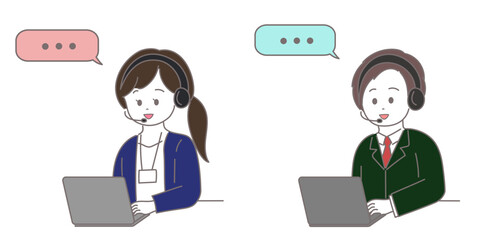 2人の男女のオペレーターが パソコンを見ながらインカムで話しているイラスト