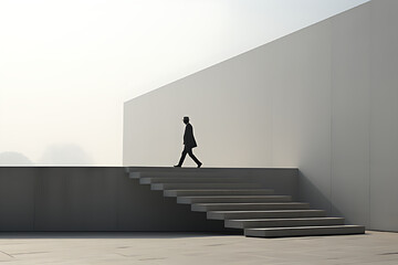 A man walks steadily and straightly, against a plain background.