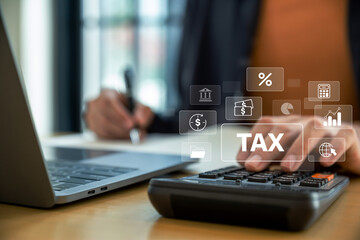 Tax icons concept, Businessman calculate for Individual income tax return form online,  tax...