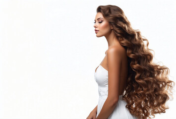 Beautiful woman with long and shiny wavy hair Beauty model girl with curly hairstyle.