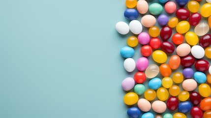 Obraz premium Medicine scattered pills on turquoise background. Top view with copy space.