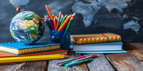 Obraz premium A globe, books, and colored pencils against a world map backdrop, back to schools concept