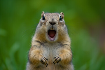 A highly expressive squirrel stands on its hind legs with mouth wide open and paws up, set against...