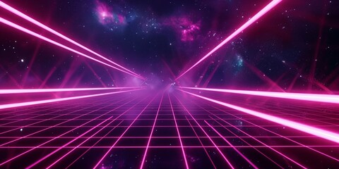 Futuristic background with a glowing grid in the outer space . backdrop with blue perspective grid and sky full of stars. Synthwave background.